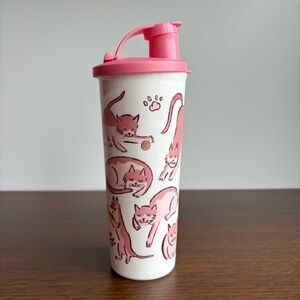Tupperware Pink Cat Flip Top Lid Plastic Drink Cup 16oz Timbler